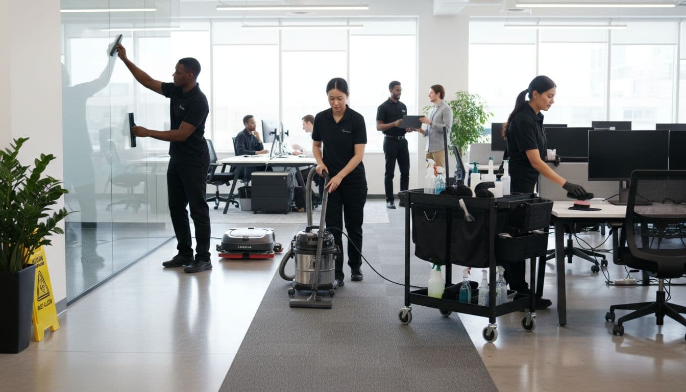 Professional cleaning team at work in a commercial space